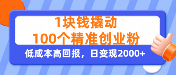 1块钱撬动100个精准创业粉，单人单日引流500+创业粉，日变现2000+
