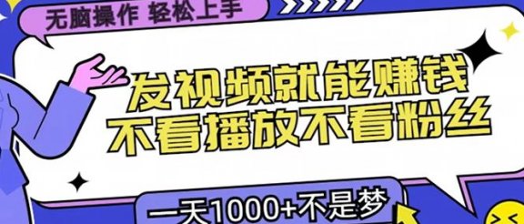 只要发视频就能赚钱？无脑操作，不看播放不看粉丝，小白轻松上手，一天1000+